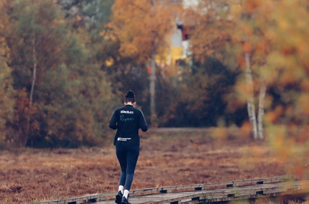Person jogging on a wooden path surrounded by vibrant autumn foliage in Jönköping, Sweden.